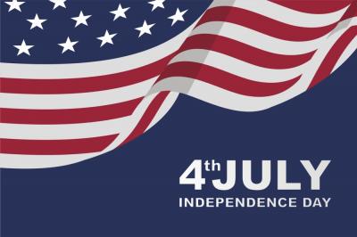 The image shows a stylized U.S. flag with stars and stripes. Below, text reads, 4th JULY INDEPENDENCE DAY on a blue background.